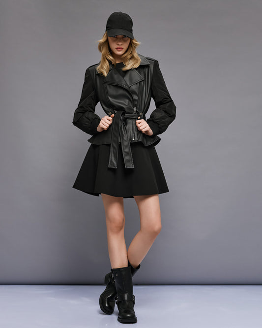 Giacca in pelle vegana e nylon imbottito con cintura