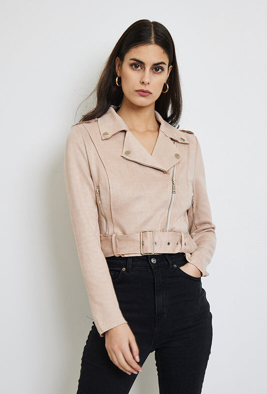 Giacca beige corta in finta pelle scamosciata