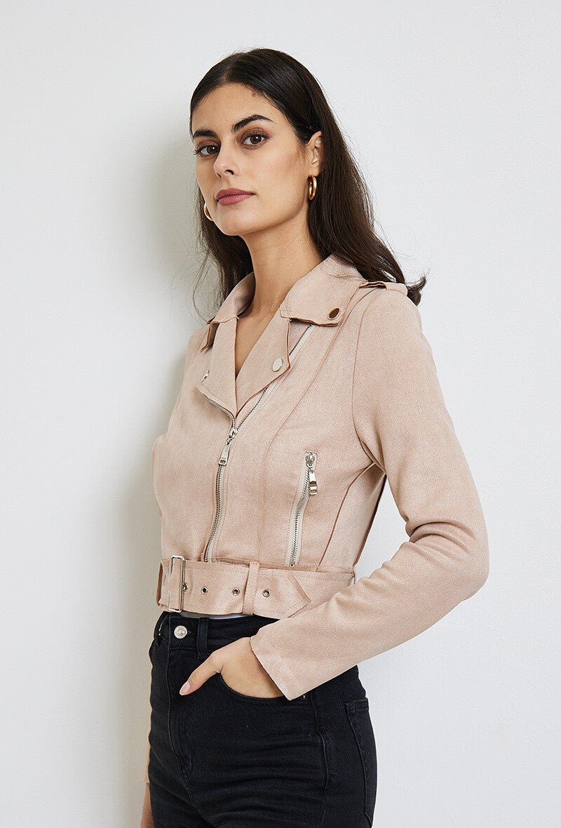 Giacca beige corta in finta pelle scamosciata