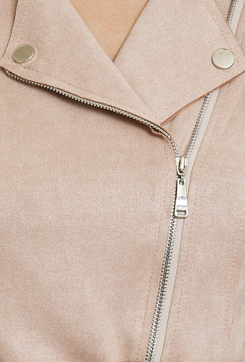 Giacca beige corta in finta pelle scamosciata