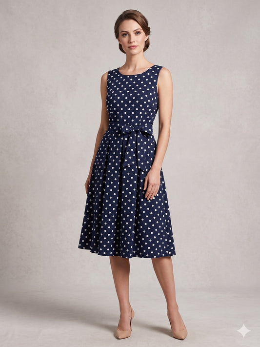 Abito Smanicato in Cotone a Pois - Blu o Marrone