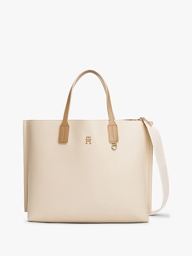 Borsa Satchel beige con tracolla e monogramma TH