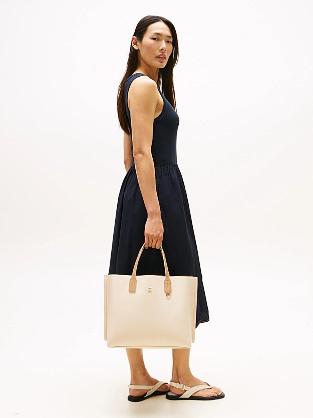 Borsa Satchel beige con tracolla e monogramma TH