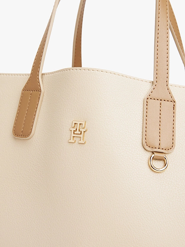 Borsa Satchel beige con tracolla e monogramma TH