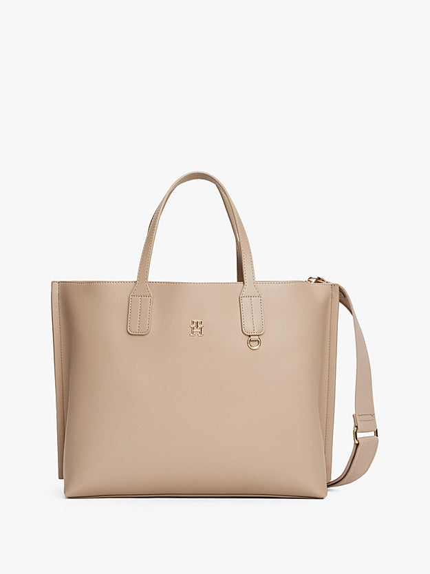 Borsa Satchel cammello con tracolla e monogramma Th