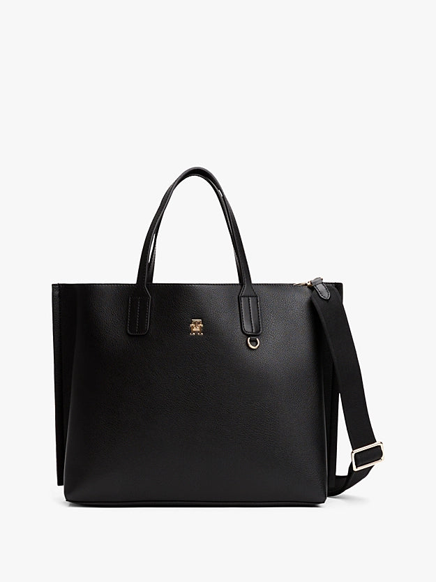 Borsa Satchel nera con tracolla staccabile e monogramma TH