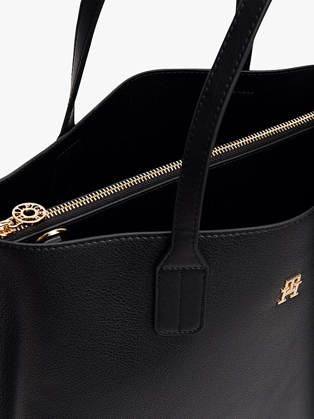Borsa Satchel nera con tracolla staccabile e monogramma TH