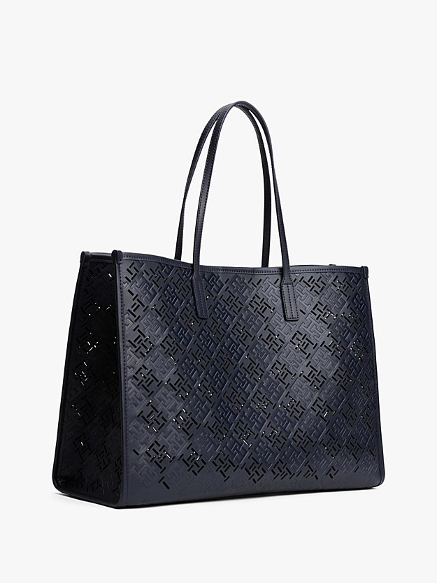 Borsa Tote City blu con monogrammi traforati TH