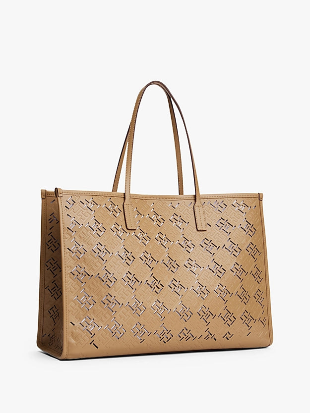 Borsa Tote City cammello con monogrammi traforati TH