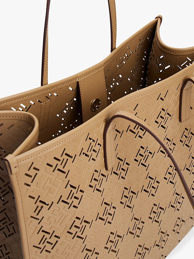 Borsa Tote City cammello con monogrammi traforati TH