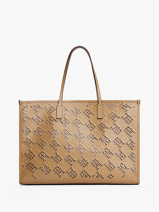Borsa Tote City cammello con monogrammi traforati TH