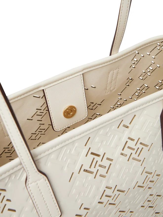 Borsa Tote City bianca con monogrammi traforati TH