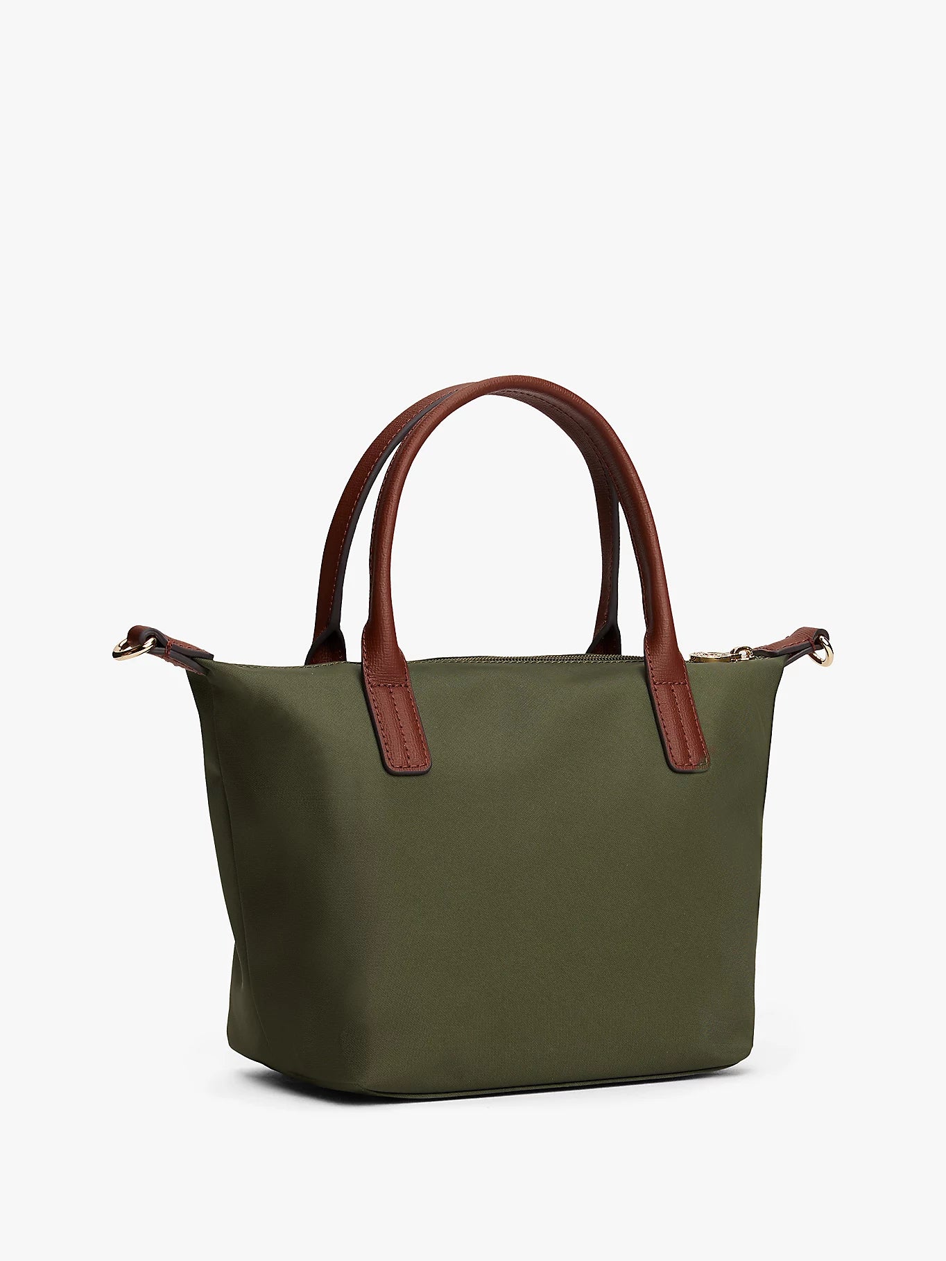Borsa piccola in tessuto con manici e tracolla in pelle