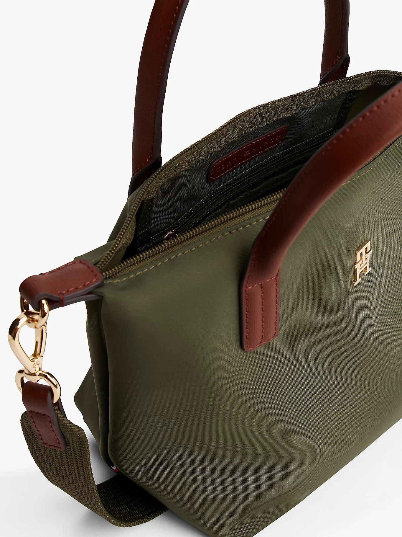 Borsa piccola in tessuto con manici e tracolla in pelle