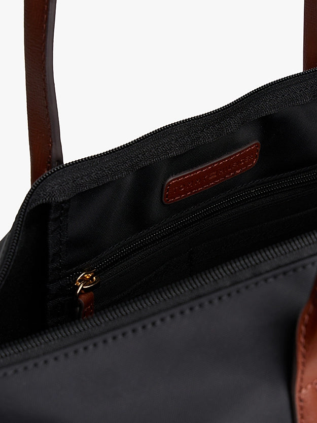 Borsa tote media nera in canvas con manici in pelle