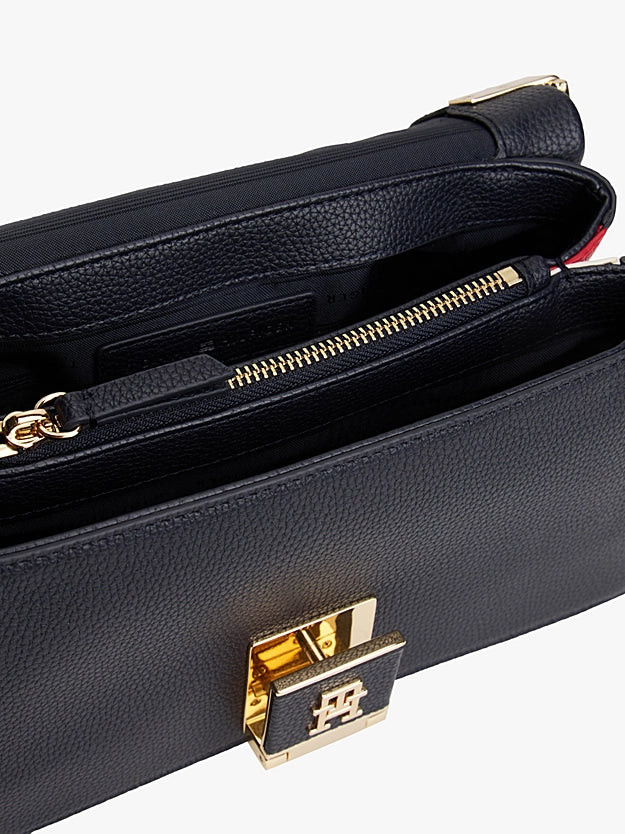 Borsa blu media con tracolla con soffietti iconici