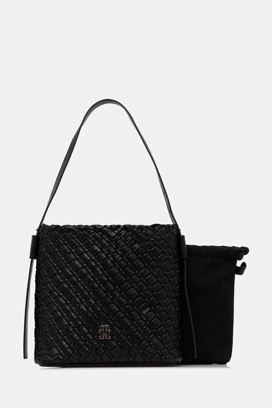 Borsa Piccola a Secchiello in Pelle Vegana Intrecciata e Tracolla Regolabile. Cammello o Nera