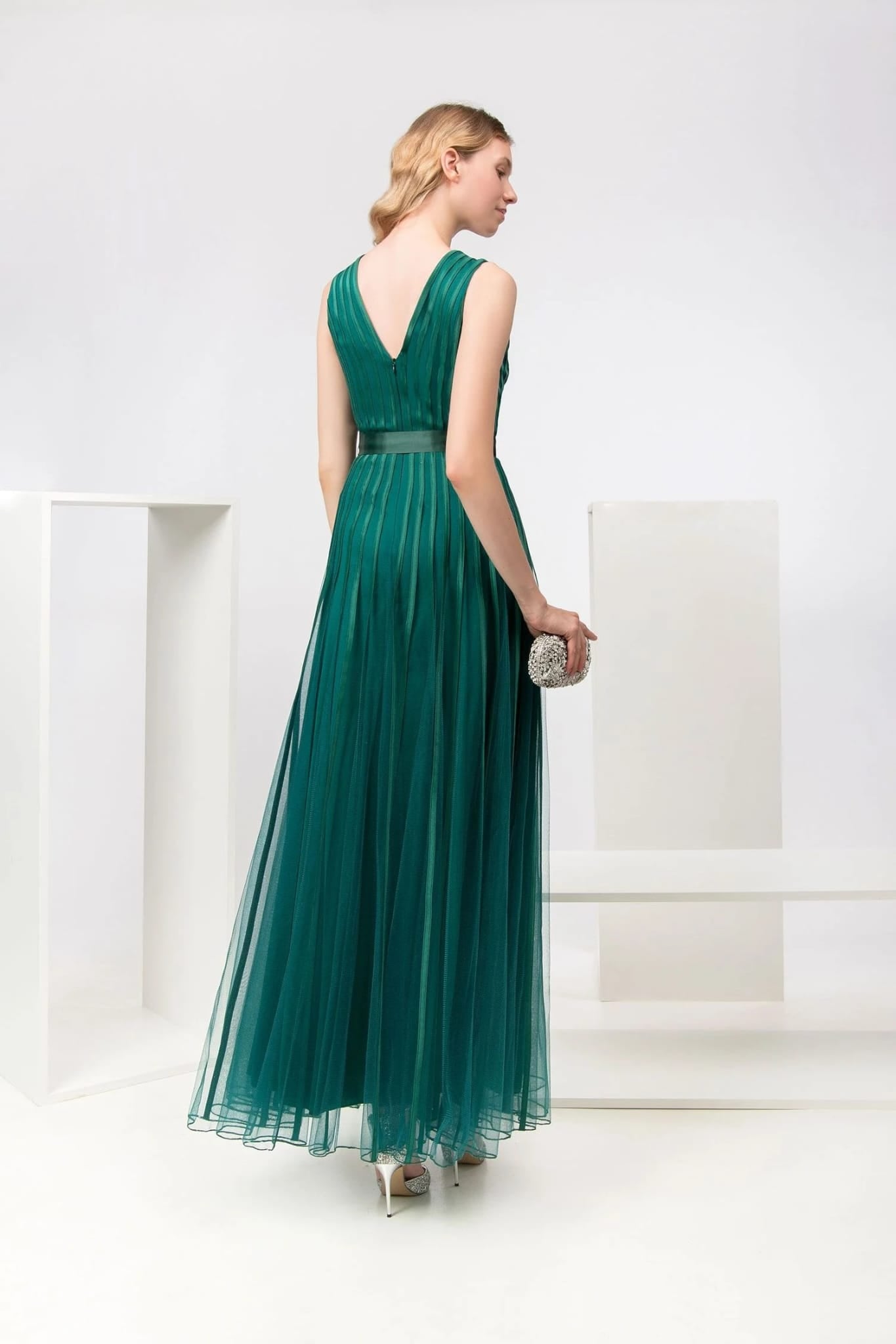 Abito lungo verde smeraldo in tulle e raso - Promulias