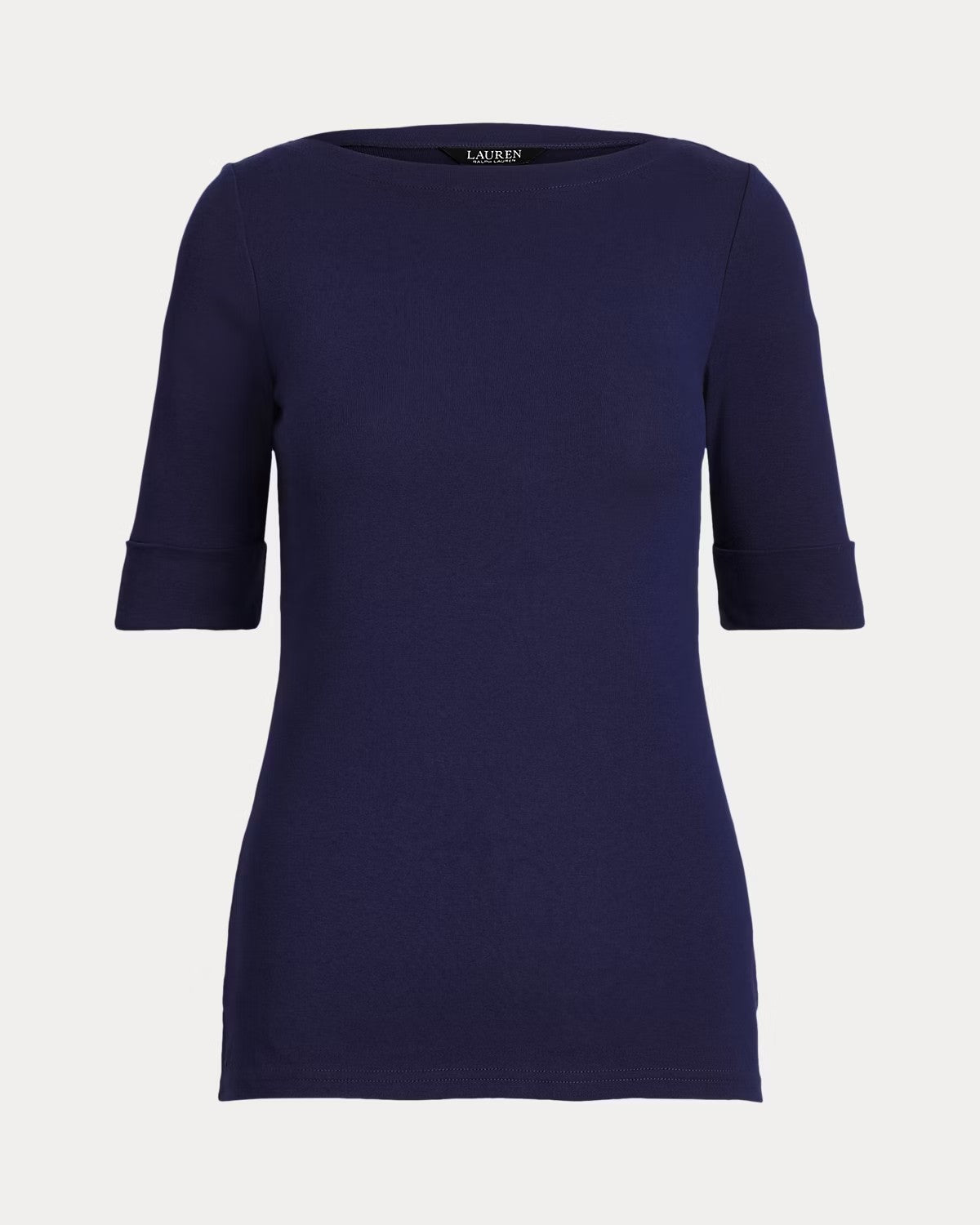 T-shirt blu con maniche a gomito e scollo a barchetta