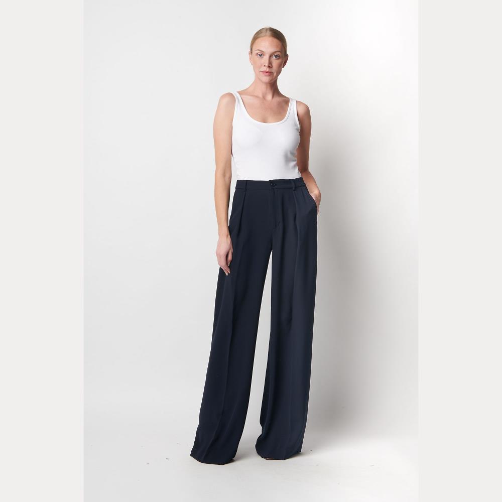 Pantaloni blu a gamba larga in triplo georgette