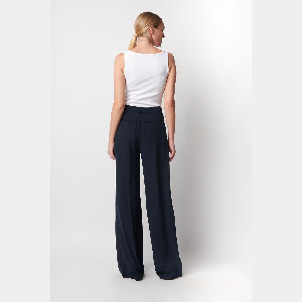 Pantaloni blu a gamba larga in triplo georgette