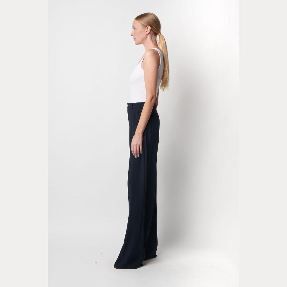 Pantaloni blu a gamba larga in triplo georgette