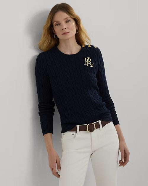 Maglia blu in cotone a trecce con stemma