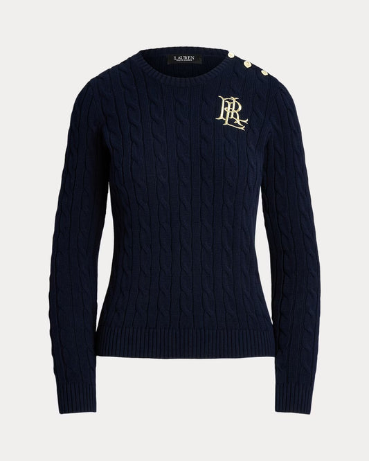 Maglia blu in cotone a trecce con stemma