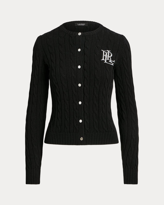 Cardigan nero in maglia a trecce con stemma