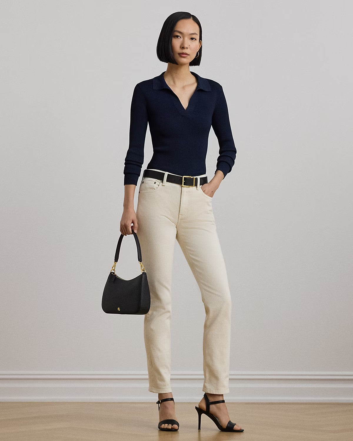 Maglia a polo blu con lavorazione a costine