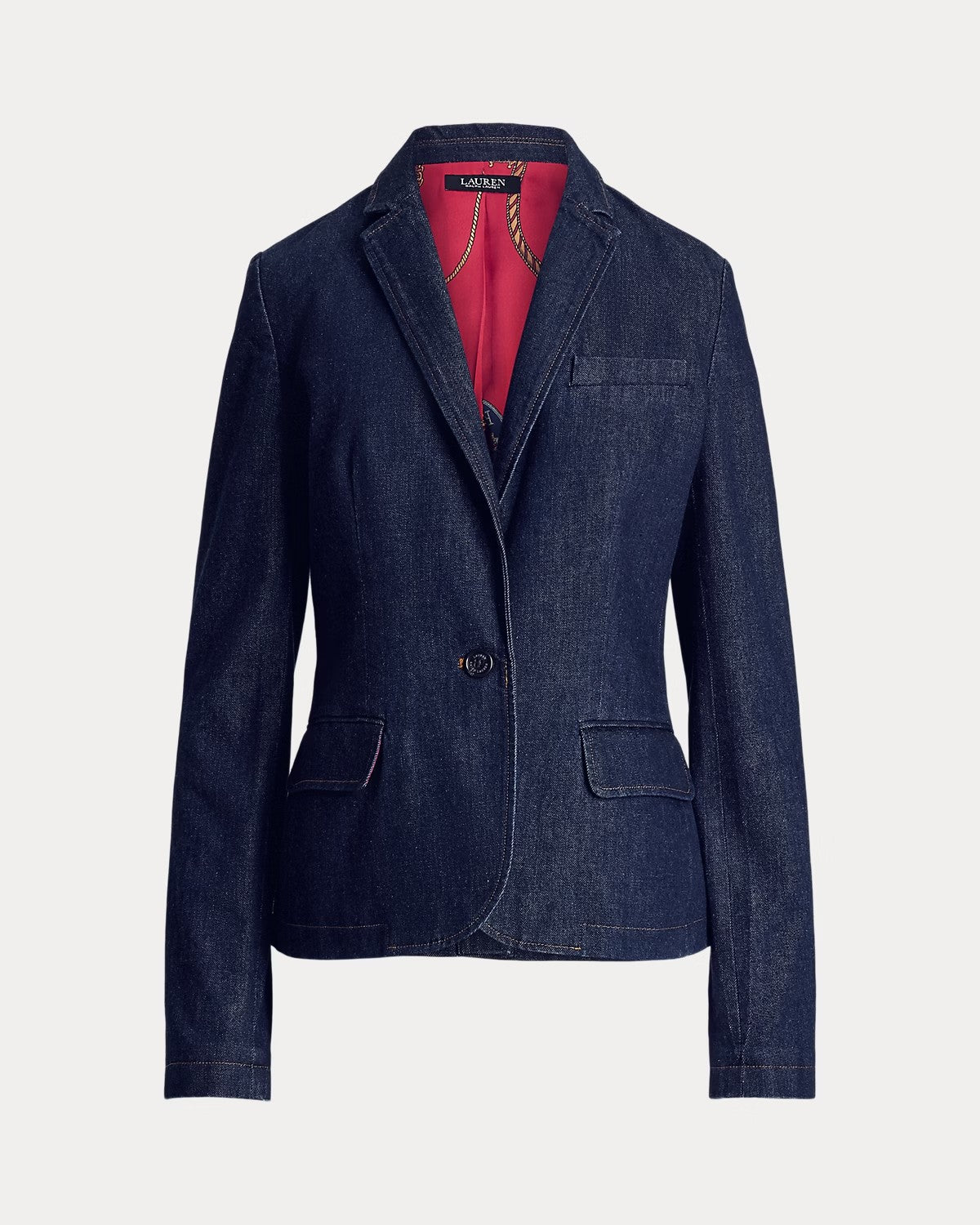 Giacca in denim con fodera stampa equestre a sfondo rosso