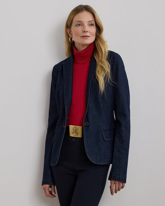 Giacca in denim con fodera stampa equestre a sfondo rosso