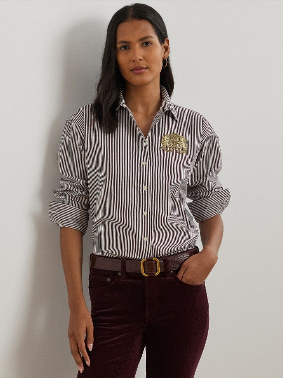 Camicia in popeline di cotone a righe bianca e bordeaux dal taglio comodo