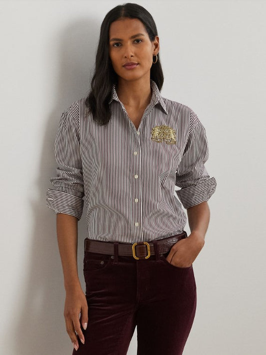 Camicia in popeline di cotone a righe bianca e bordeaux dal taglio comodo