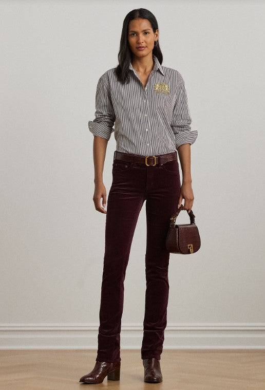 Camicia in popeline di cotone a righe bianca e bordeaux dal taglio comodo