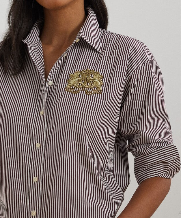 Camicia in popeline di cotone a righe bianca e bordeaux dal taglio comodo