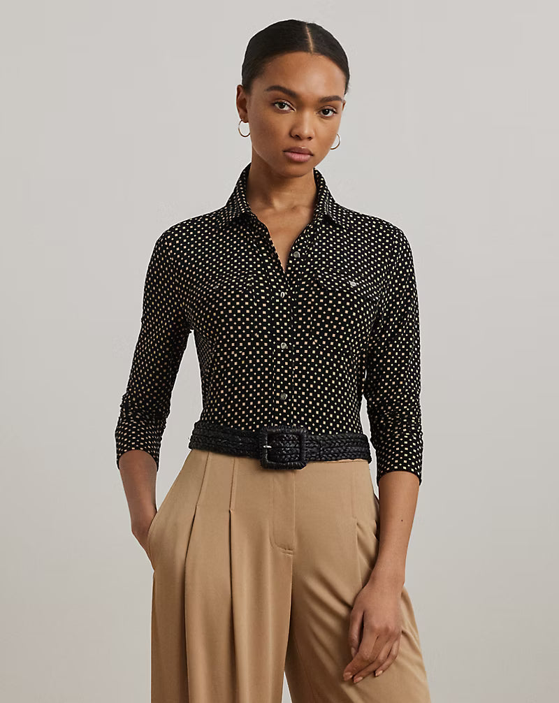 Camicia in jersey con stampa geometrica nera e cammello