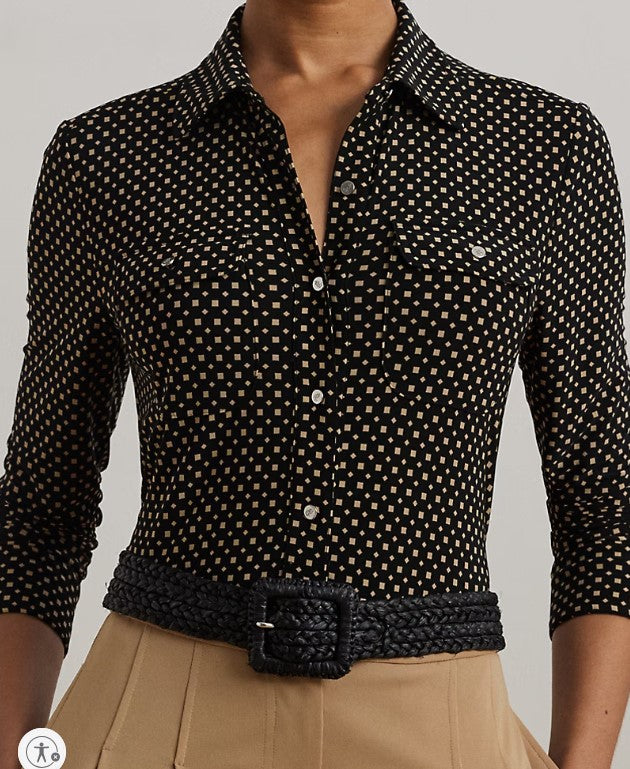 Camicia in jersey con stampa geometrica nera e cammello