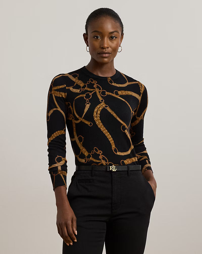 Maglia a girocollo con stampa cinture su sfondo nero