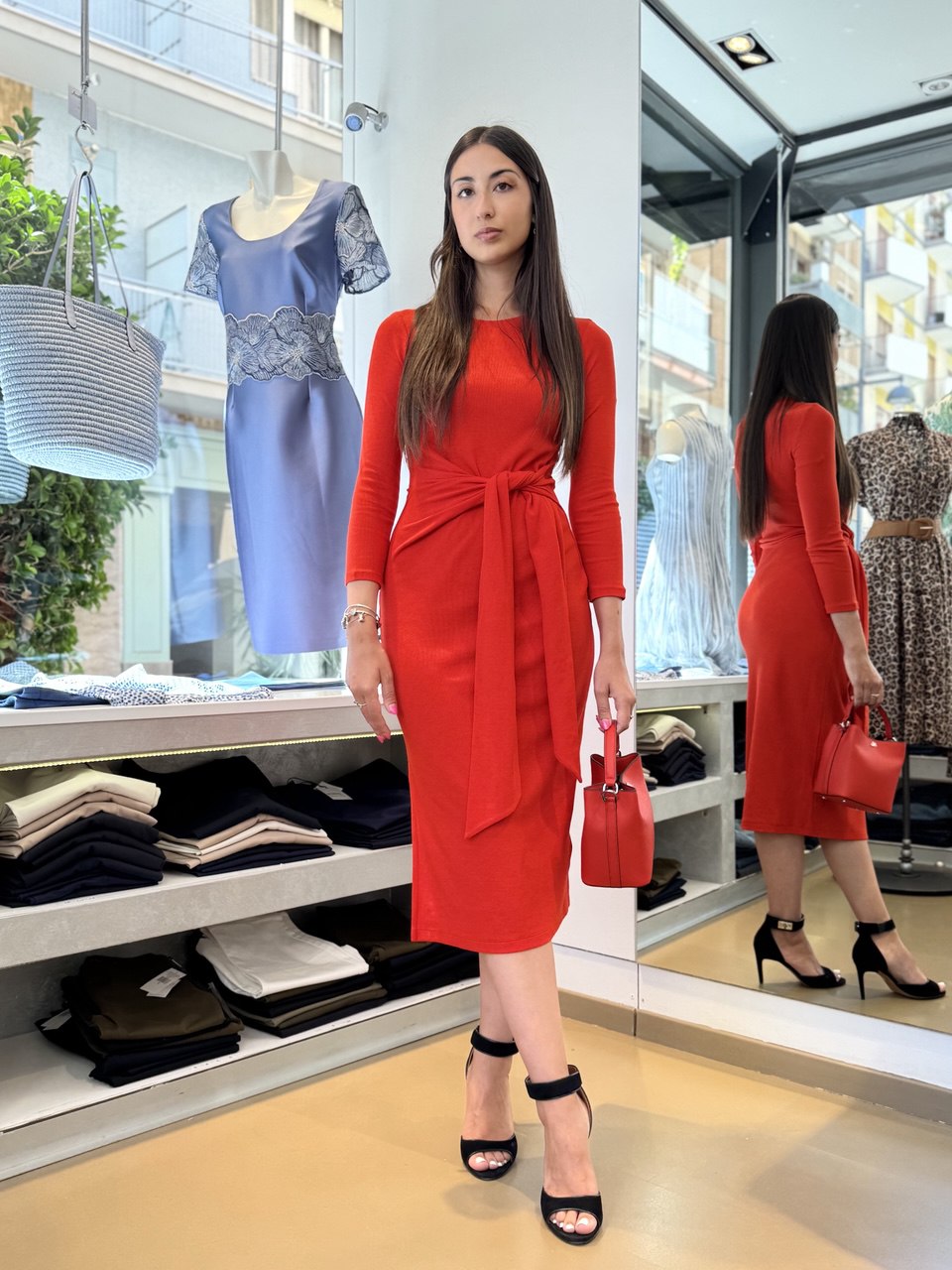 Abito midi in misto cotone con fusciacca
