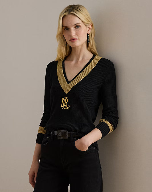Maglia con scollo a v e rifiniture oro