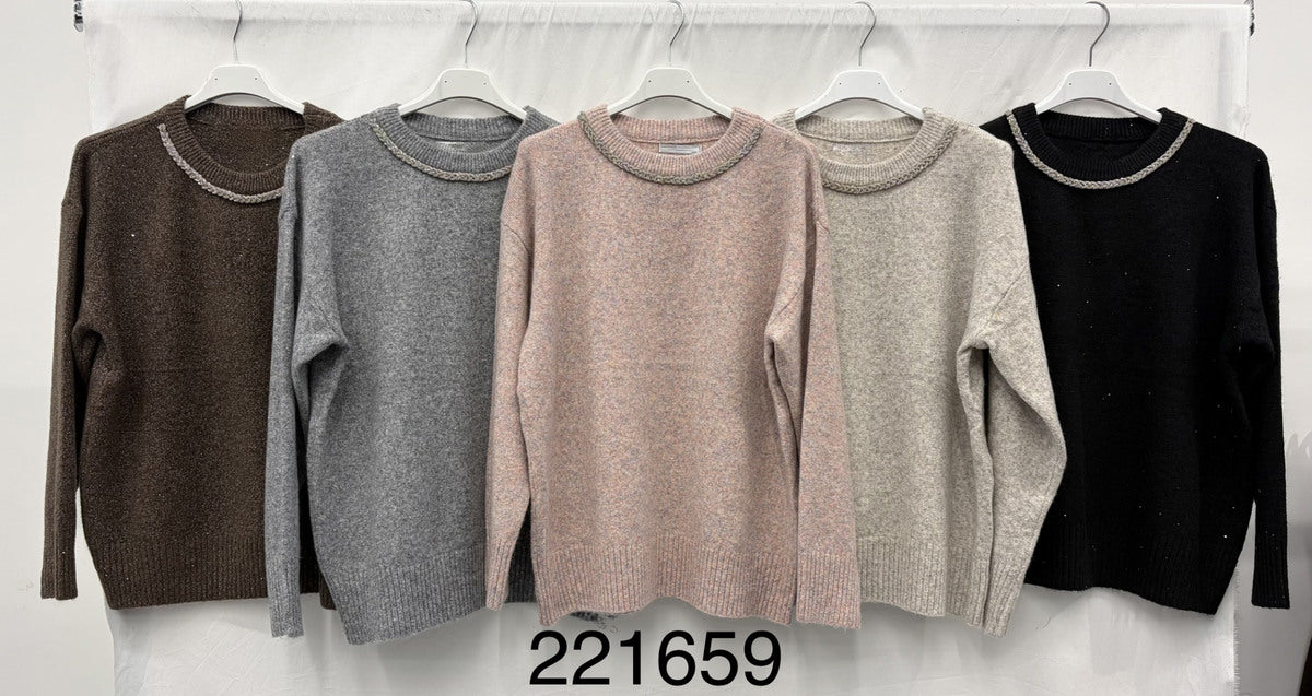 Maglia a Girocollo con Dettagli Luminosi - Beige, Grigio, Rosa, Marrone, Nero