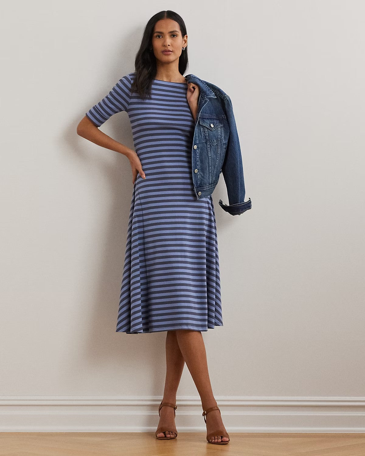 Abito midi a righe in cotone stretch