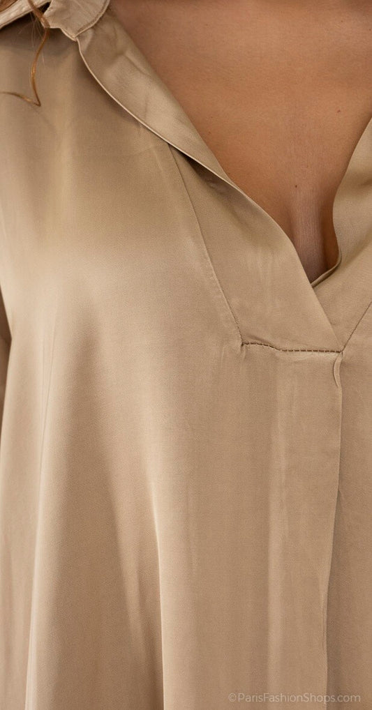 Oversized Blouse with Short Viscose and Silk Sleeves - Light Blue, Bronze, Pink, Cream