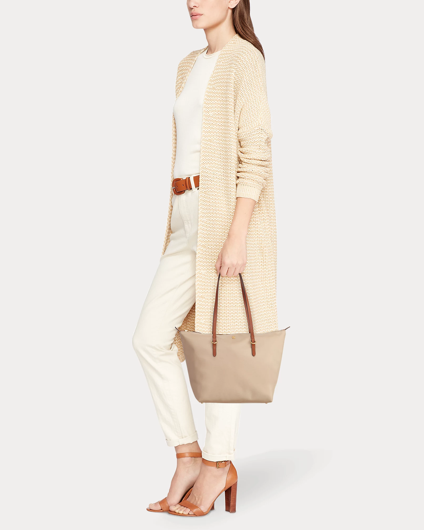Borsa tote Keaton beige in nylon di medie dimensioni