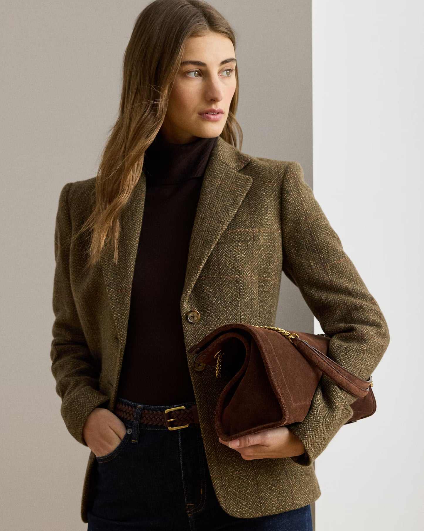 Borsa tote marrone grande in pelle scamosciata