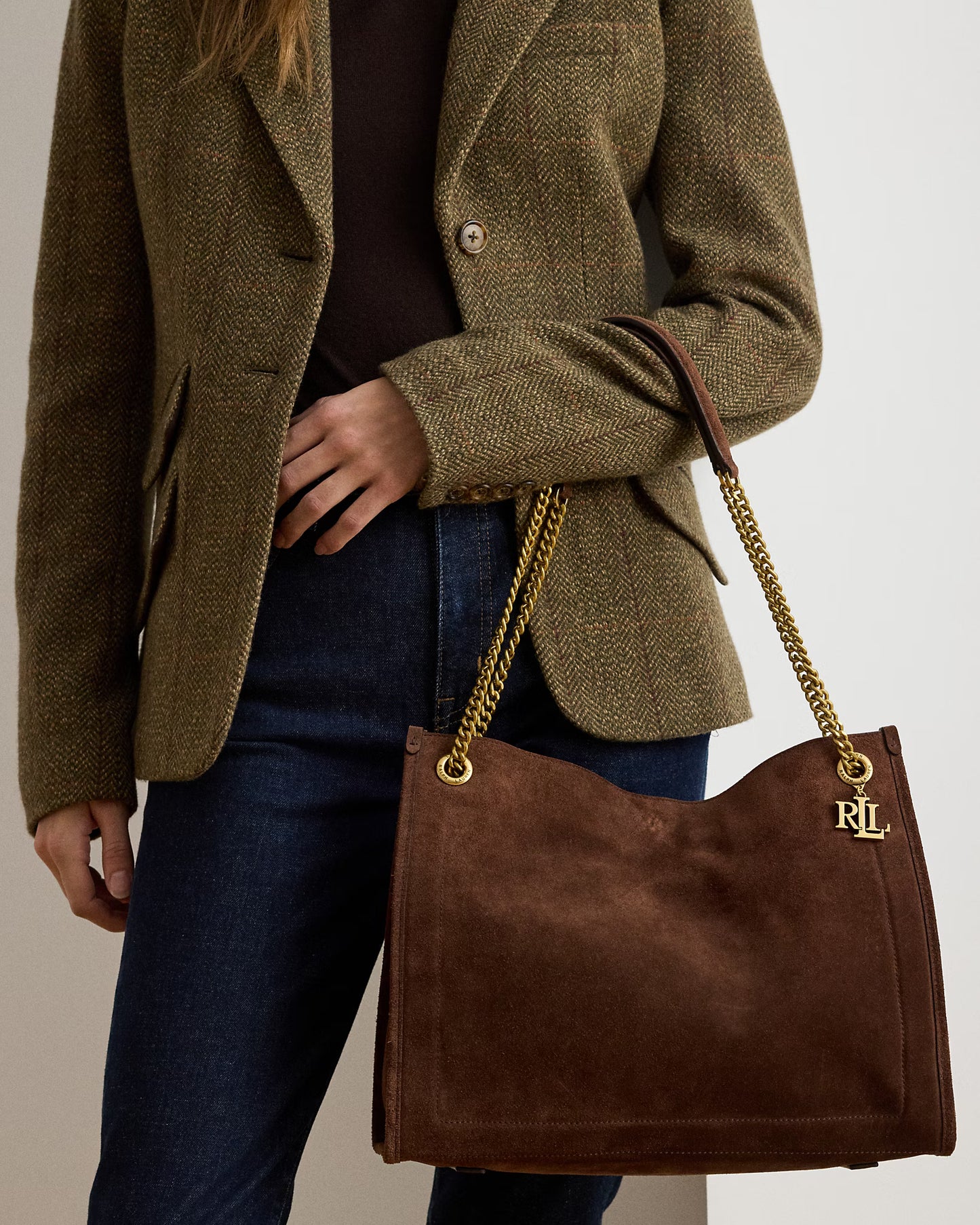 Borsa tote marrone grande in pelle scamosciata