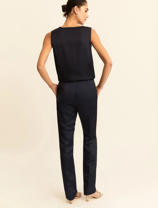 Pantaloni a gamba dritta in raso di lino e viscosa. Blu o Grigio Scuro