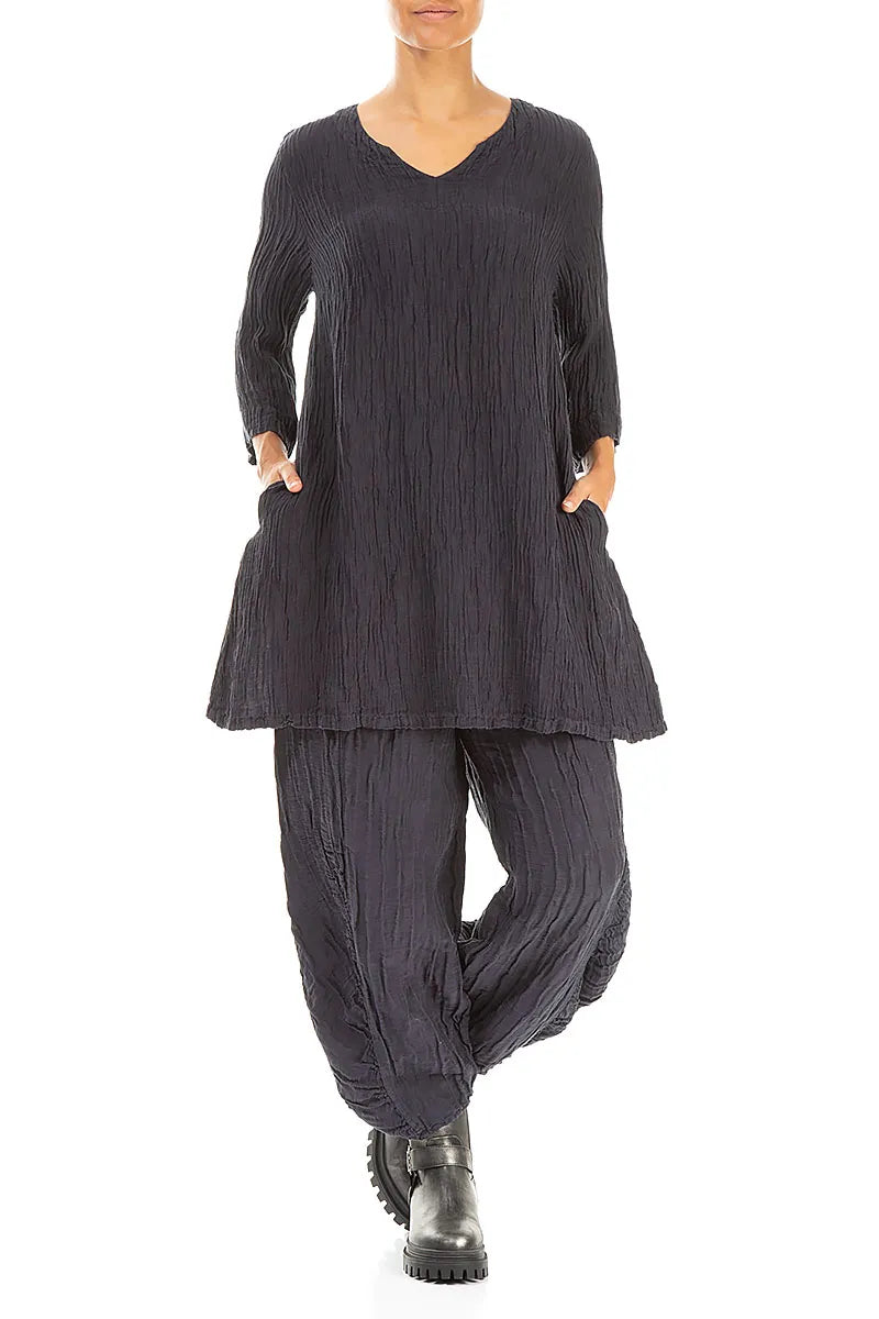 Blusa a Tunica in Misto Seta stropicciata Blu Grafite