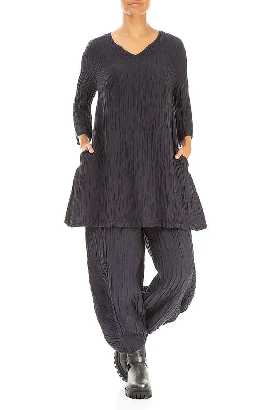 Blusa a Tunica in Misto Seta stropicciata Blu Grafite